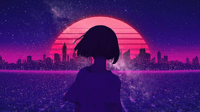 Synthwave Night Sunset City アニメの女の子 - 解像度: 高画質の壁紙