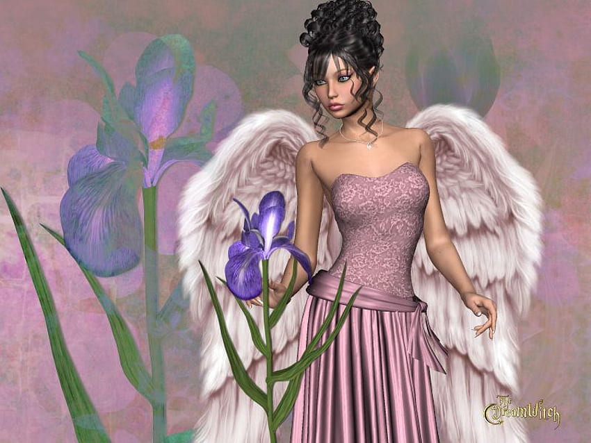 Angel, iris, abstract, fantasy, flower HD wallpaper