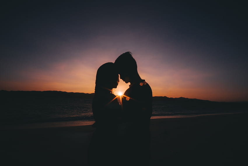 puesta del sol, mar, amor, horizonte, pareja, par, siluetas fondo de pantalla