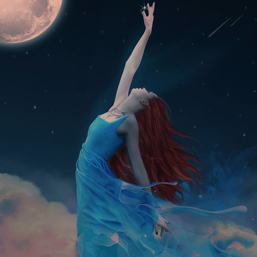 REACH FOR THE STARS, NIGHT, CLOUDS, HAIR, STARS, MOON, RED, SKY, DRESS, FEMALE, BLUE HD wallpaper