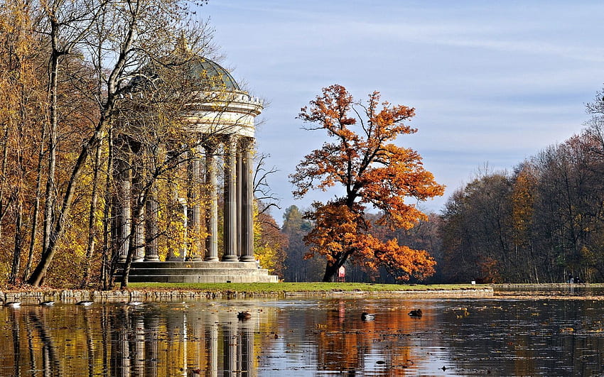 Natur, Herbst, Holz, Park, Baum, Teich, Nische, Laube, Säule, Säulen HD-Hintergrundbild