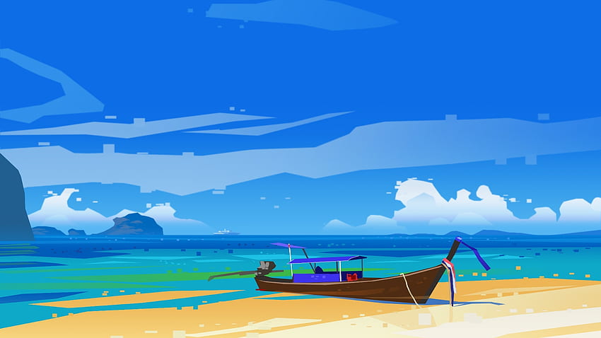 Beach Minimalist, blue, sea, boat, abstract, green, clouds, minimalist, beach, sand HD wallpaper