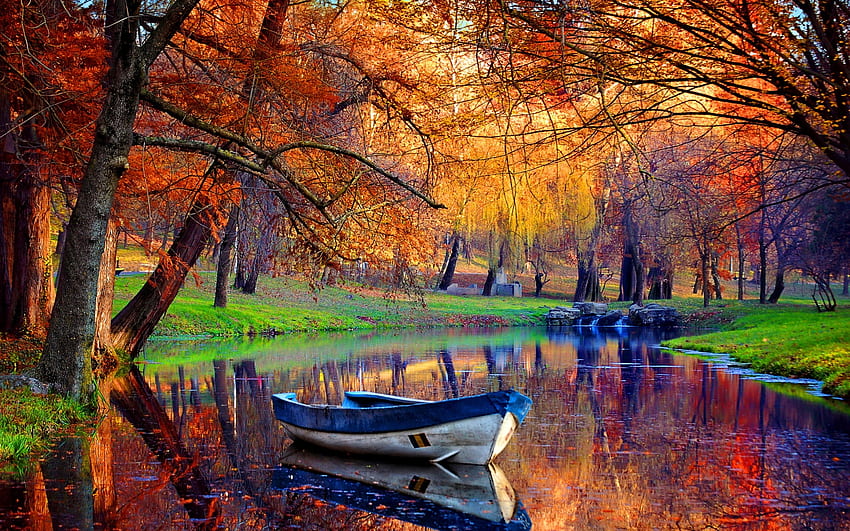 秋の, ボート, 色, 木, 秋, 湖, 反射, 秋, 川 高画質の壁紙