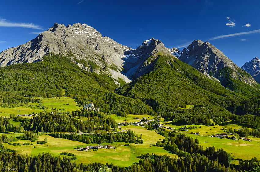 Alpes Suizos, Alpes, colinas, alpino, paisaje, suizo, hermoso, casas, montaña, Suiza, verdor, vista, pueblo fondo de pantalla
