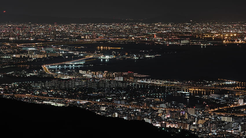 night city, top view, city lights, bay, osaka HD wallpaper