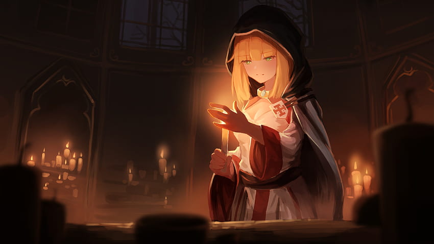 Lexica - A painting of a little girl holding a lit candle, holding a candle,  candle light, candle lights, anime. soft lighting, beautiful kawaii ligh...
