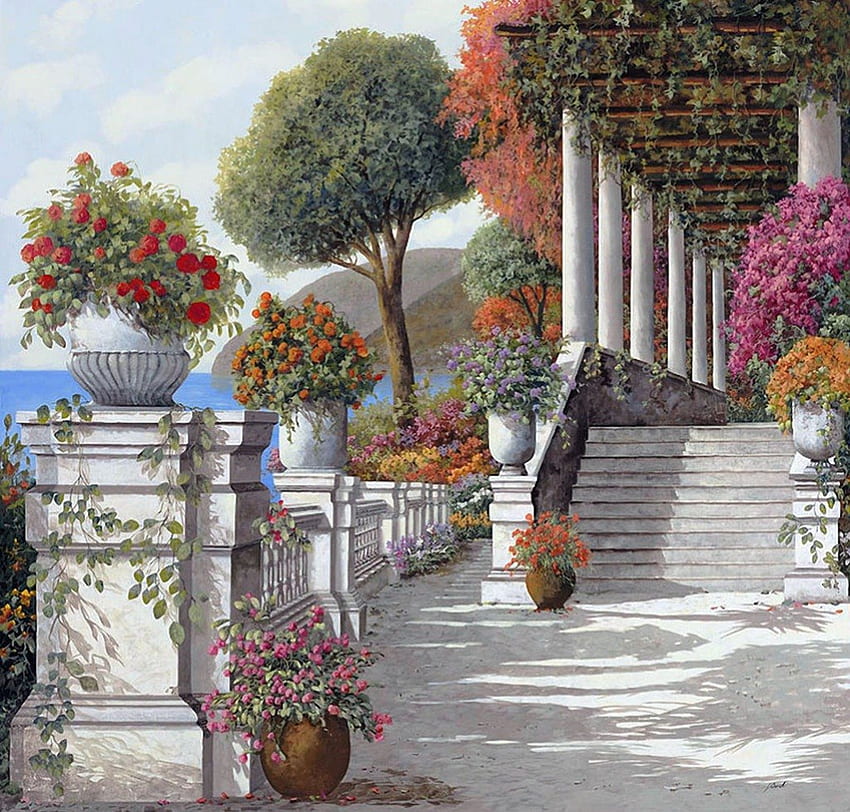von Guido Borelli, Kunstwerk, Aussicht, schön, Blumen, Gemälde HD-Hintergrundbild