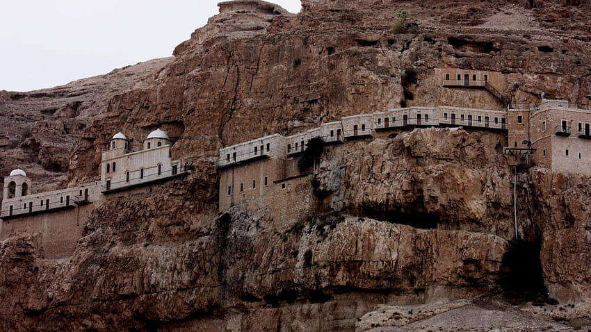 monastery along a cliff, monastery, caves, cliff, mountain HD wallpaper