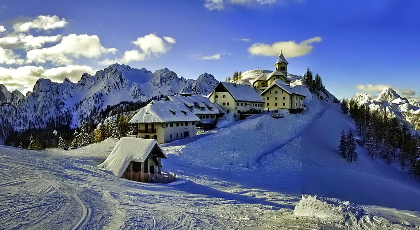 Snowy Winter Village, Invierno, grafía, Nieve, Pueblos, Naturaleza, Paisajes fondo de pantalla
