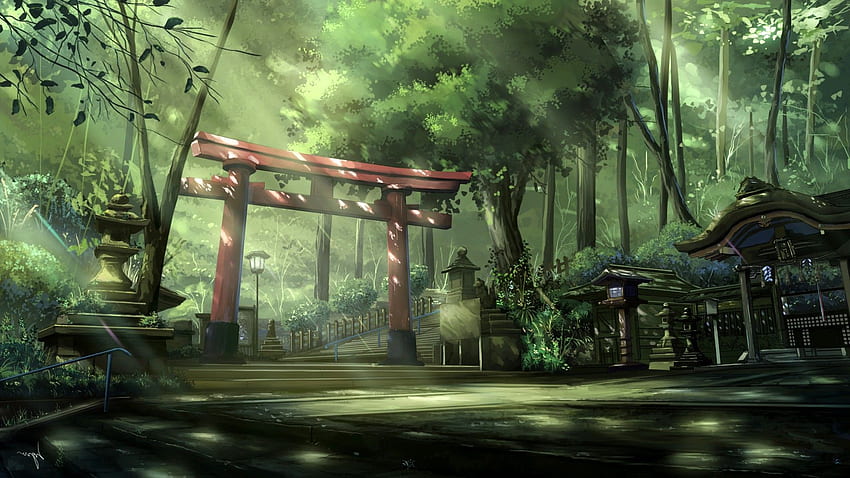anime, paisagem, torii, raios solares, floresta, arquitetura asiática, passos papel de parede HD