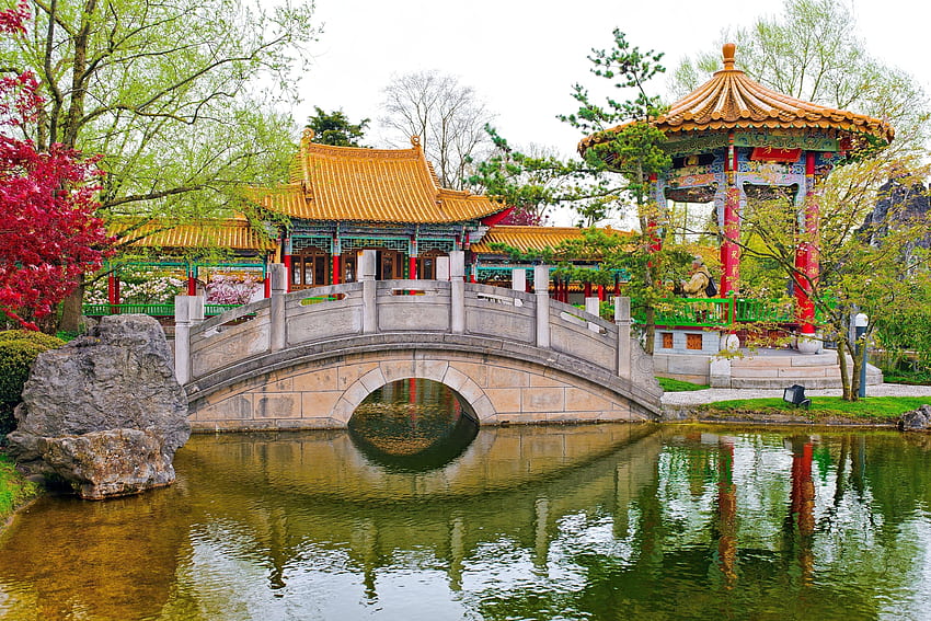 Other: Chinese Garden Plants Bridge Pond Buildings HD wallpaper