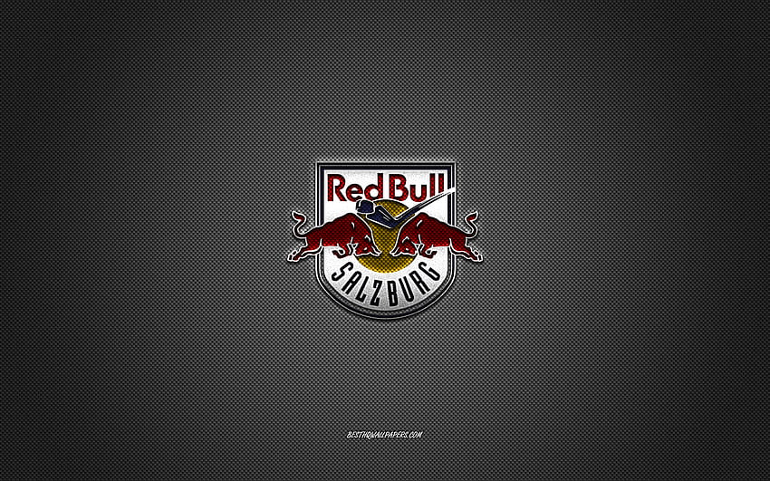 EC Red Bull Salzburg, Австрийски хокеен клуб, EIHL, червено лого, сив фон от въглеродни влакна, Елитна лига по хокей на лед, хокей, Залцбург, Австрия, лого на EC Red Bull Salzburg HD тапет