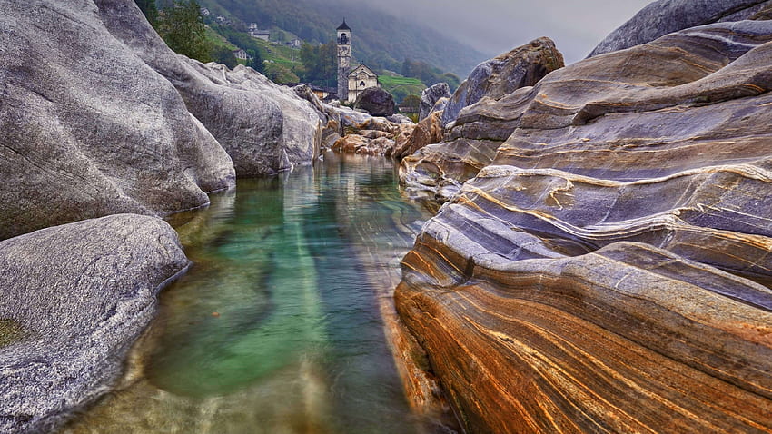 Mountains, river flow, rocks, nature HD wallpaper