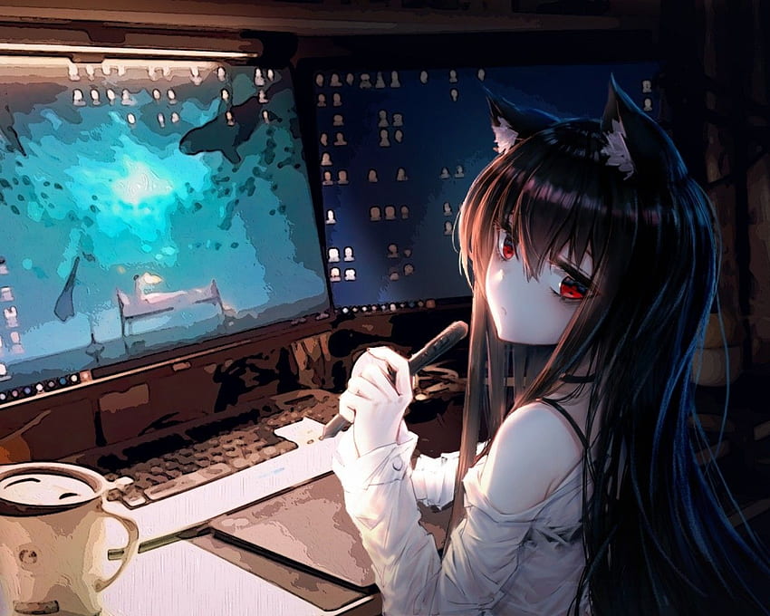 Anime Cat Girl, Room, Computer, Animal Ears, Coffee - Anime Gamer Girl Computer, GaMERCaT HD wallpaper