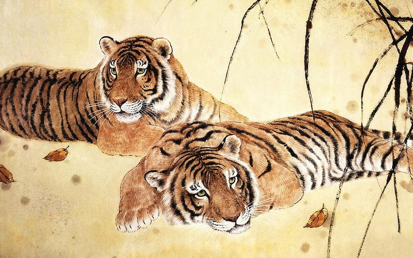 japońskie y zwierząt. Tygrys zwierzęcy, malarstwo artystyczne Tapeta HD