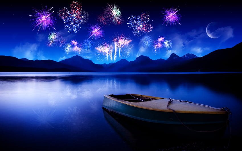 New year, fireworks, 2018, boat, reflections HD wallpaper