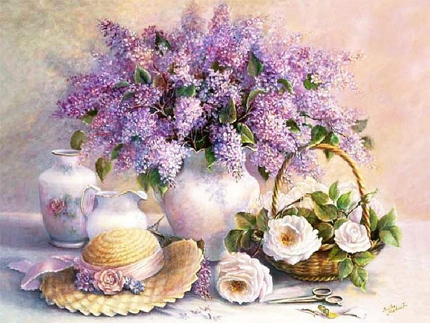Lilacs and Camellias, table, white, peonies, camellias, ribbon, lilacs, vase, basket, purple, still life, scissors, painting, pitcher, hat HD wallpaper