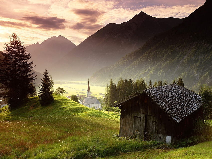 Ciudades, Montañas, Austria, Aldea, Misty, Tyrol fondo de pantalla