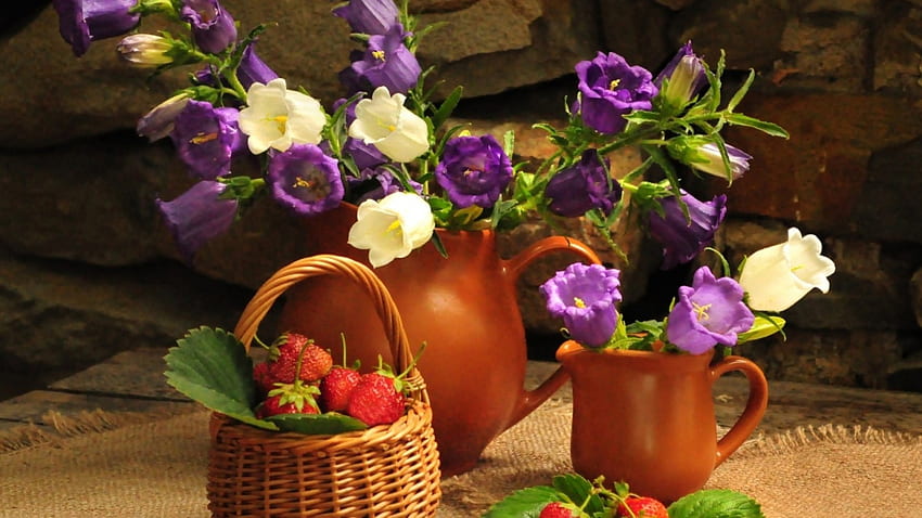 Still Life, flowers, bells, pot, strawberries HD wallpaper