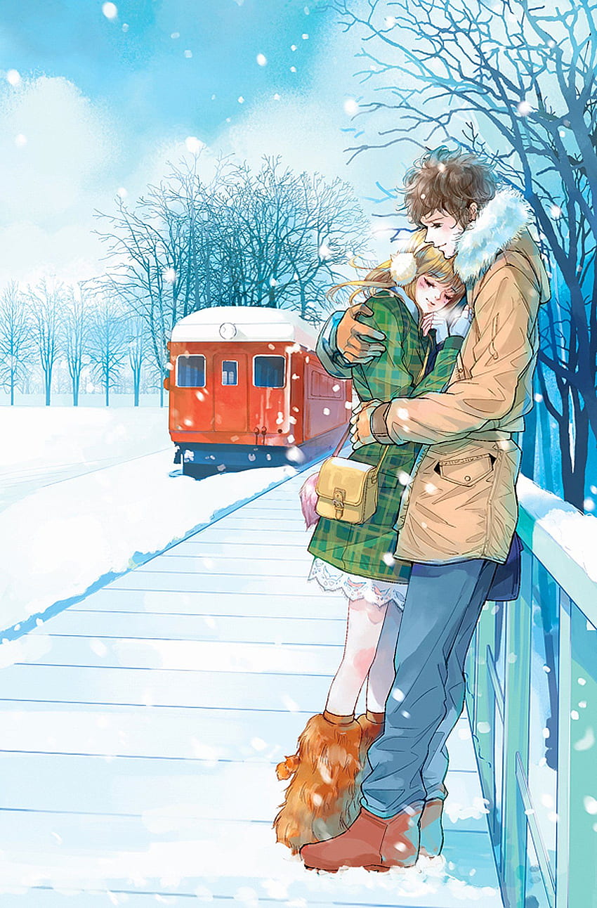 赤い電車アニメ カップル雪ロマンチックな愛の木、ロマンチックなアニメの風景 HD電話の壁紙
