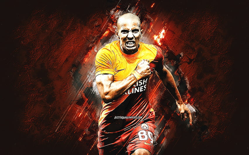 Sofiane Feghouli, Galatasaray, Algerian footballer, midfielder, orange stone background, soccer, Turkey HD wallpaper
