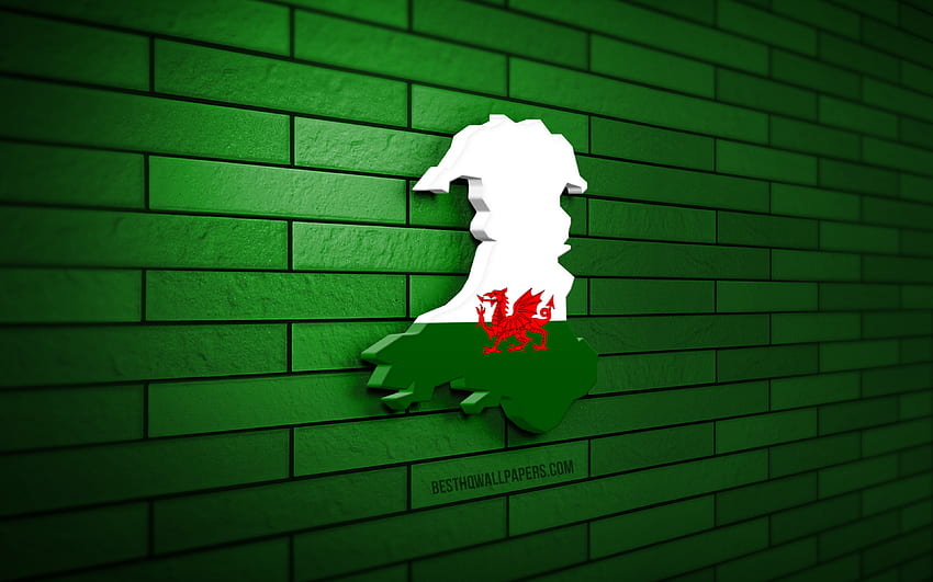 Wales map, , green brickwall, European countries, Wales map silhouette, Wales flag, Europe, Welsh map, Welsh flag, Wales, flag of Wales, Welsh 3D map HD wallpaper