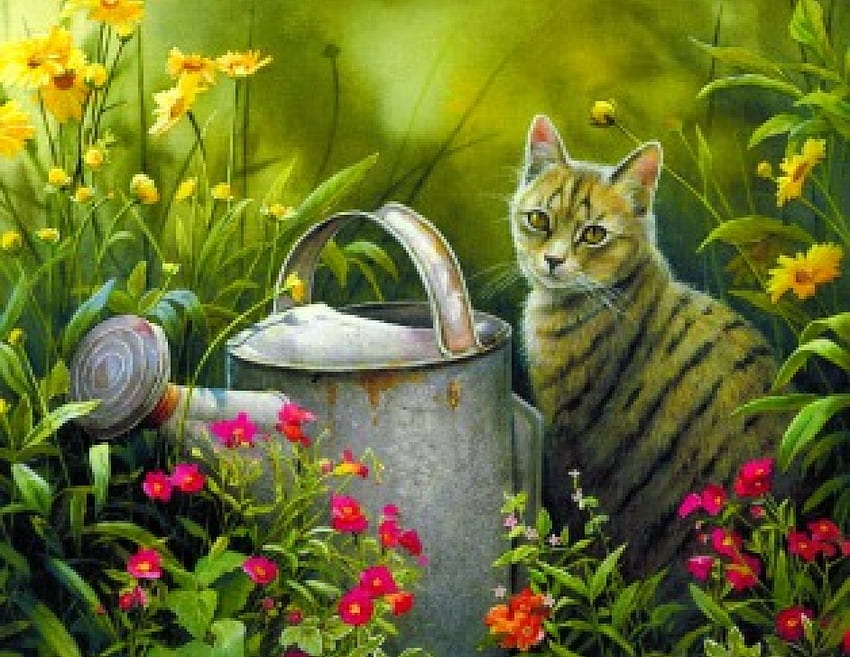 Sabrinas Garten, Gemälde, Garten, Wasserkanister, Katze, Blumen HD-Hintergrundbild