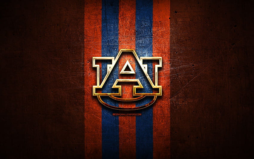 Auburn Tigers, โลโก้สีทอง, NCAA, พื้นหลังโลหะสีส้ม, สโมสรอเมริกันฟุตบอล, โลโก้ Auburn Tigers, อเมริกันฟุตบอล, สหรัฐอเมริกา สำหรับความละเอียด . คุณสูง วอลล์เปเปอร์ HD