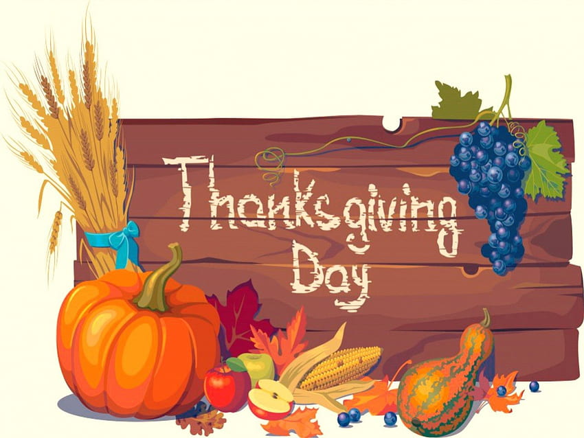 Giorno del Ringraziamento, uva, autunno, foglie, mele, mais, grano, zucca, frutta, Ringraziamento, fiocco Sfondo HD