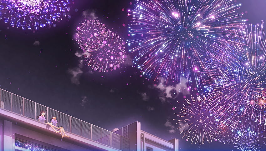 บนชั้นดาดฟ้า, เทศกาล, ดอกไม้ไฟ, สาวการ์ตูน, กลางคืน - ความละเอียด:, เทศกาลอะนิเมะ วอลล์เปเปอร์ HD