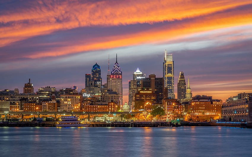 Philadelphia, Wolkenkratzer, Gebäude, Abend, Sonnenuntergang, Skyline von Philadelphia, Stadt von Philadelphia, Pennsylvania, USA HD-Hintergrundbild