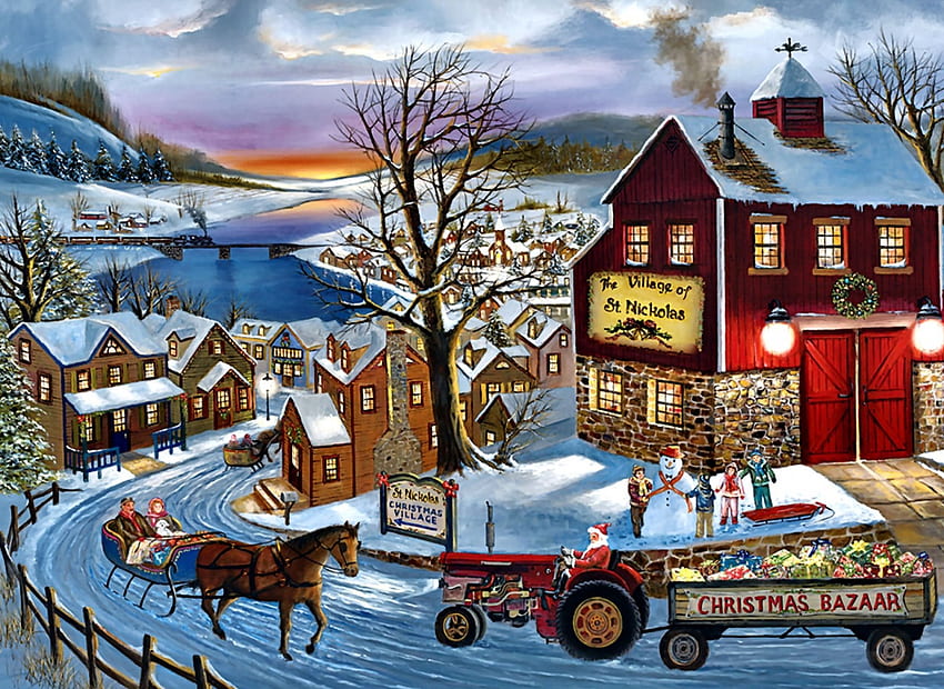 Santa's on His Way F2, invierno, diciembre, arte, hermoso, ilustración, obras de arte, paisaje, ocasión, ancha, vacaciones, pintura, Navidad, nieve fondo de pantalla