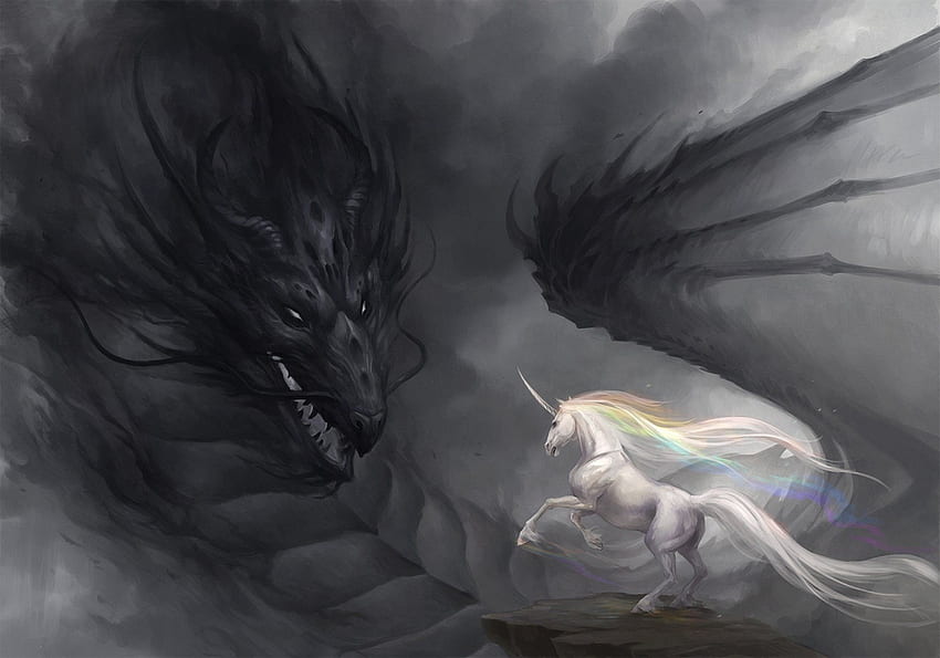 Arte drago unicorno oscurità arcobaleno. Sfondo HD