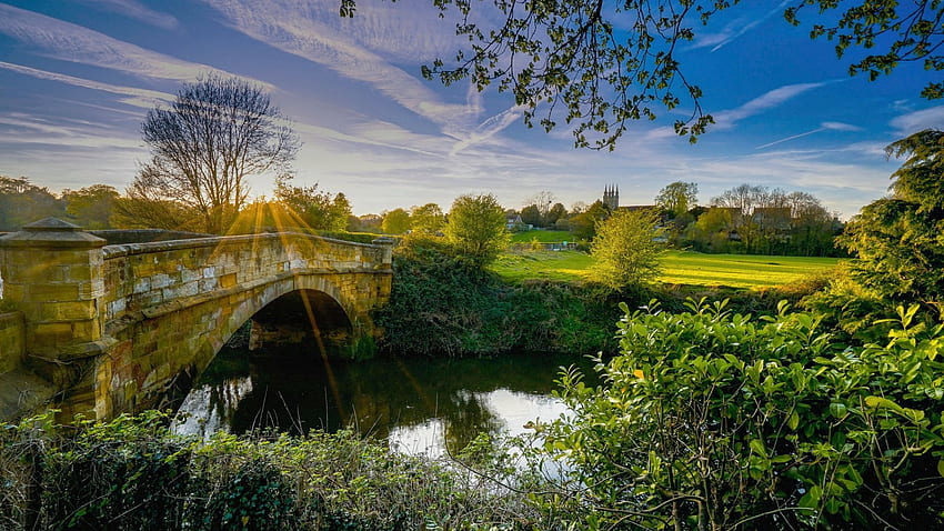 River Medway, Kent, England, sky, meadows, bridge, landscape, trees, clouds HD wallpaper