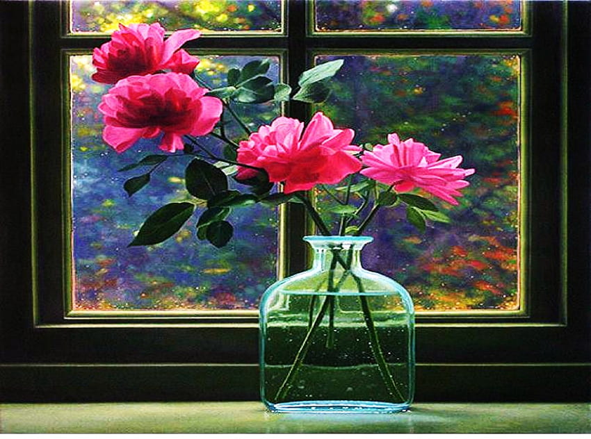 In an autumn window, pink, roses, sunlight, window, vase, autumn season, water HD wallpaper