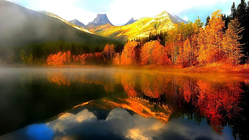 Lakes: Autumn Reflexion Sunrise Lake Trees Red Fall Snowy Peaks, Fall Mountain Lake HD wallpaper