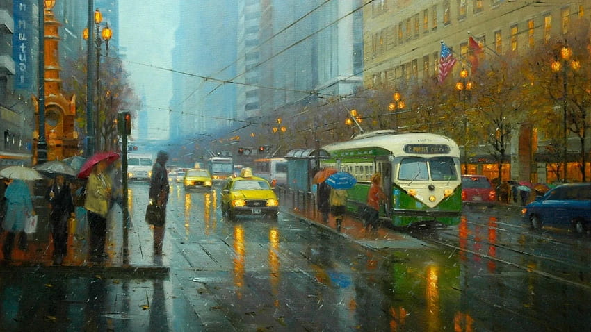 Lluvia En La Ciudad - Arte De La Pintura. Studio 10, pintura de día lluvioso fondo de pantalla