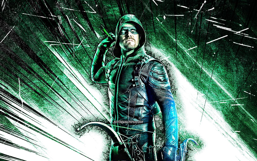 Green Arrow, гръндж изкуство, супергерои, DC Comics, зелени абстрактни лъчи, Oliver Queen, Green Arrow HD тапет