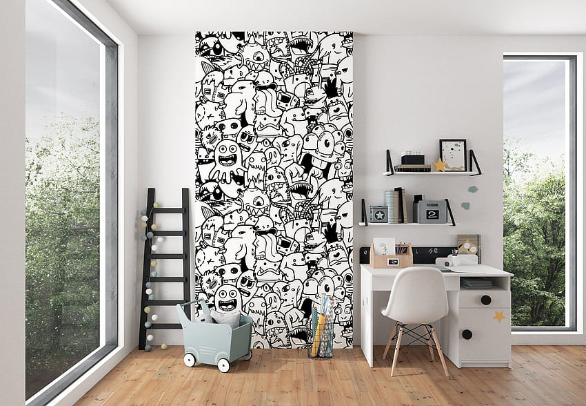 kids room doodles , nursery wall murals, black white , modern home decor , coloring , no lazy HD wallpaper
