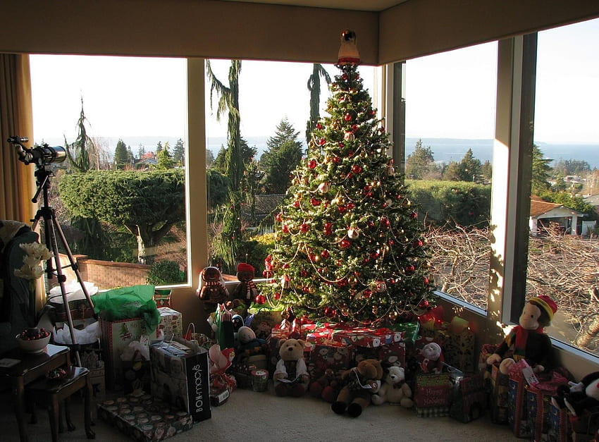 Holidays, Toys, Christmas, Holiday, House, Glass, Christmas Tree, Presents, Gifts HD wallpaper