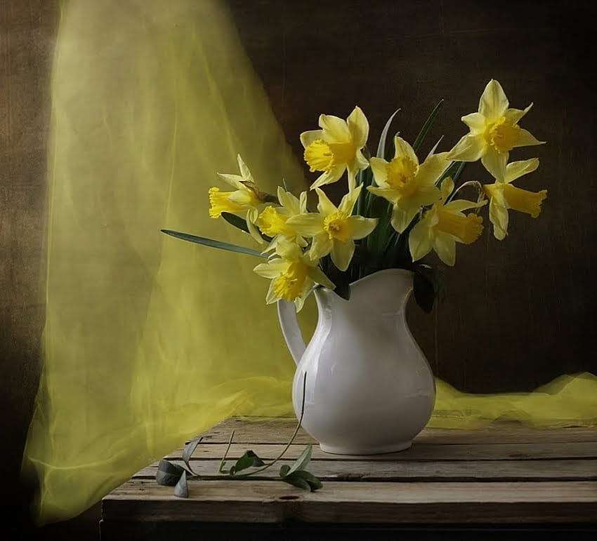 Yellow bouquet, Bouquet, Vase, Daffodils, Flowering HD wallpaper