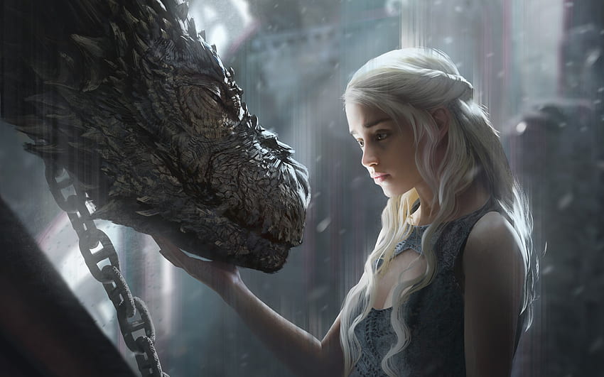 Daenerys Targaryen, gris, art, fille, femme, fantaisie, dragon, luminos, princesse, reine, jeu des trônes Fond d'écran HD