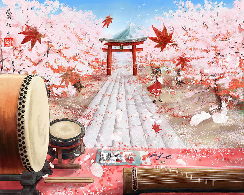 Cherry Blossom Instrument, flet, uroczy, instrument muzyczny, urlop, wiosna, świątynia, muzyka, sceneria, kwiat, sceniczny, kwiat wiśni, kobieta, wzgórze, liść klonu, scena, kraj, dziewczyna, drzewo, góra, dziewczyna anime, różowy, roślina, klon, anime, Sakura, touhou, liść, niebo, kwiat sakury, Reimu Tapeta HD