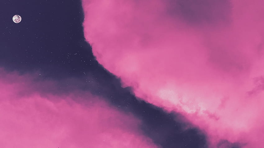 Pink clouds , Moon, Sky view, Purple background, Stars, Lunar, Evening, Nature HD wallpaper