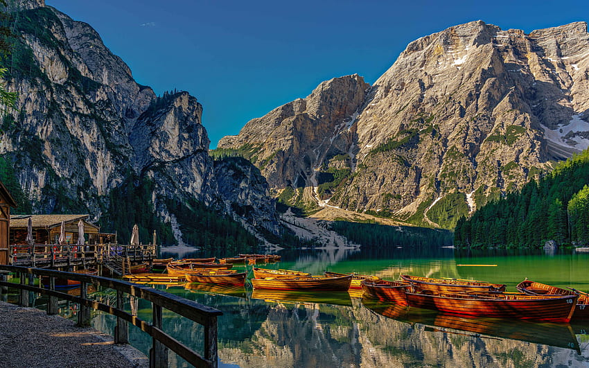 Lake Braies, Alps, morning, sunrise, boat station, Lago di Braies, Pragser Wildsee, Dolomites, mountain lake, mountain landscape, South Tyrol, Italy HD wallpaper