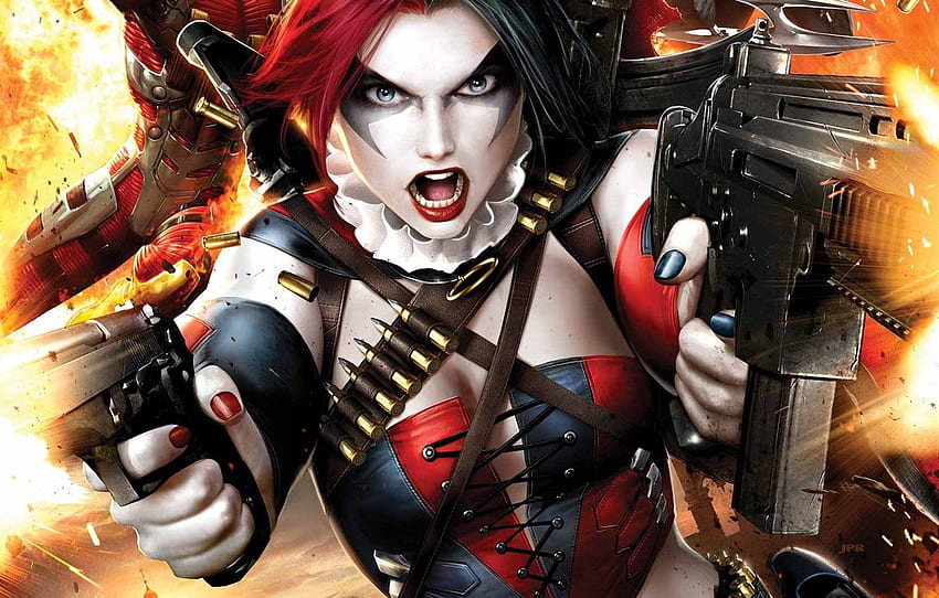 fire, gun, bullets, fantasy, art, comics, shoot, weapons, Cartoon Harley Quinn Suicide Squad HD wallpaper