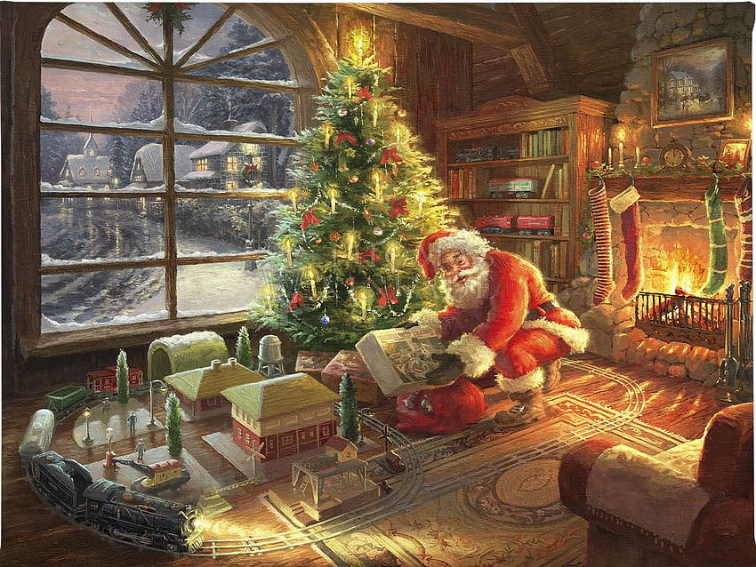 Livraison de Noël, chambre, arbre, père Noël, décoration, fenêtre, cheminée Fond d'écran HD