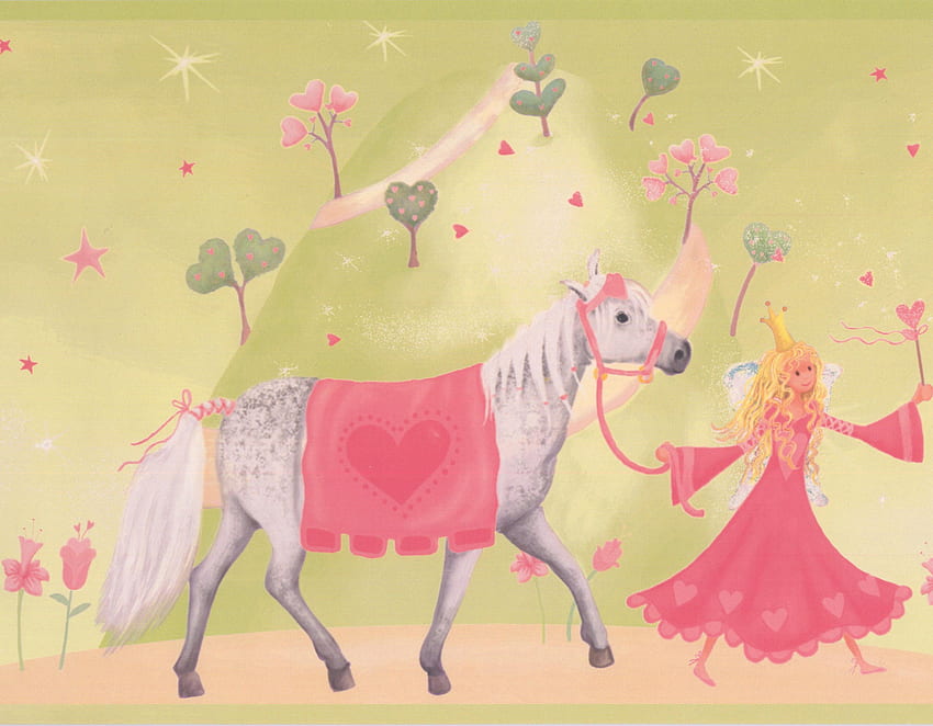 Zamek księżniczki czerwony koń na zielonkawo-żółtej obwódce dla dzieci, rolka 15 'x 9'' Tapeta HD