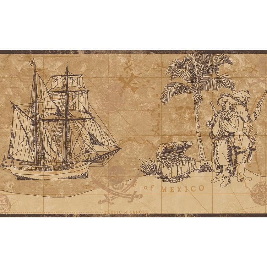 Vintage piratas mapa cofre de oro fragata velero náutico beige marrón borde prepegado, barco antiguo fondo de pantalla del teléfono