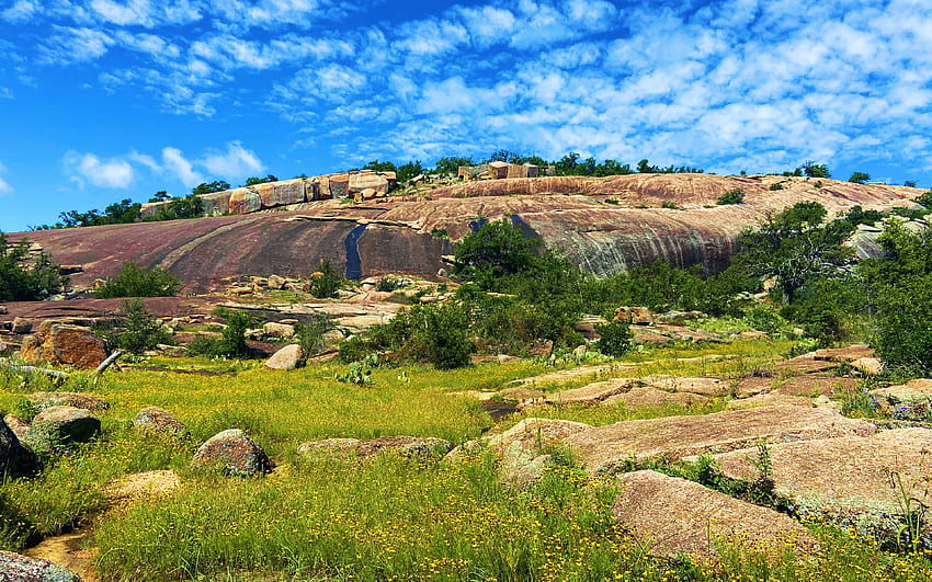 Enchanted Rock, Fredericksburg, Texas, meadows, clouds, trees, landscape, sky, usa HD wallpaper
